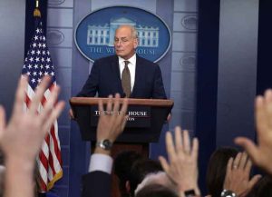 WASHINGTON, DC - OCTOBER 12: White House Chief of Staff John Kelly pauses during a daily news briefing at the James Brady Press Briefing Room of the White House October 12, 2017 in Washington, DC. In a rare appearance at the news briefing Kelly stated he had no plans to resign or reason to believe he would be fired. (Photo by Alex Wong/Getty Images)