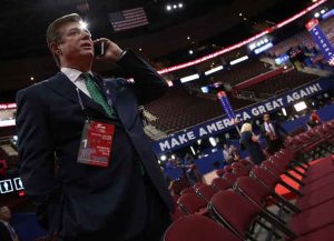 CLEVELAND, OH - JULY 17: Paul Manafort, Campaign Manager for Donald Trump, speaks on the phone while touring the floor of the Republican National Convention at the Quicken Loans Arena as final preparations continue July 17, 2016 in Cleveland, Ohio. The Republican National Convention begins July 18. (Photo by Win McNamee/Getty Images)