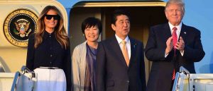 Caption : U.S. President Donald Trump and his wife Melania Trump arrive and accompanied by Japanese Prime Minister Shinzo Abe and his wife Akie Abe on Air Force One at the Palm Beach International Airport in West Palm Beach, Florida. This is President Donald Trump second visit to Palm Beach since his inauguration. The President and the Prime Minister are scheduled to get in a game of golf over the weekend at Mar-a-Lago resort as well as discuss trade issues. PersonInImage : Melania Trump,Akie Abe,Shinzō Abe,Donald J. Trump Credit : Johnny Louis/WENN.com