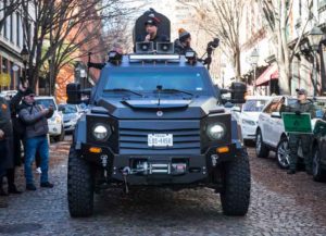 RICHMOND, VA - JANUARY 20: InfoWars host Alex Jones rides in an armored vehicle during a rally organized by The Virginia Citizens Defense League on Capitol Square near the state capitol building on January 20, 2020 in Richmond, Virginia.
