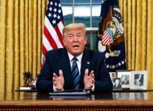WASHINGTON, DC - MARCH 11: US President Donald Trump addresses the nation from the Oval Office about the widening Coronavirus crisis on March 11, 2020 in Washington, DC. President Trump said the US will suspend all travel from Europe - except the UK - for the next 30 days. Since December 2019, Coronavirus (COVID-19) has infected more than 109,000 people and killed more than 3,800 people in 105 countries