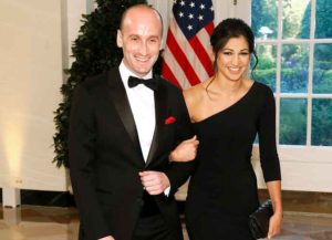 WASHINGTON, DC - SEPTEMBER 20: White House advisor Stephen Miller (L) and Katie Waldman arrive for the State Dinner at The White House honoring Australian PM Morrison on September 20, 2019 in Washington, DC. Trump hosted the Australian leader with an arrival ceremony and joint press conference earlier in the day.
