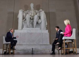WASHINGTON, DC - MAY 03: President Donald Trump speaks with news anchors Bret Baier and Martha MacCallum during a Virtual Town Hall inside of the Lincoln Memorial on May 3, 2020 in Washington, DC.