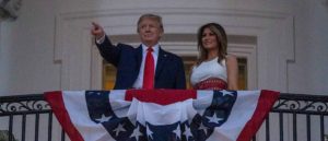 WASHINGTON, DC - JULY 04: President Donald Trump and first Lady Melania Trump watch fireworks at the White House on July 04, 2020 in Washington, DC. President Trump is hosting a "Salute to America" celebration that includes flyovers by military aircraft and a large fireworks display.