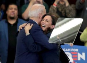 DETROIT, MICHIGAN - MARCH 09: Sen. Kamala Harris (L) (D-CA), hugs Democratic presidential candidate former Vice President Joe Biden after introducing him at a campaign rally at Renaissance High School on March 09, 2020 in Detroit, Michigan. Michigan will hold its primary election tomorrow.