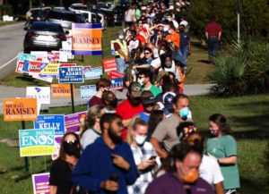 HANAHAN, SC - OCTOBER 30: People line up to cast their in-person absentee ballots at the Berkeley County Library on October 30, 2020 in Hanahan, South Carolina. Voters waited about an hour and a half to cast their ballots. (Image: Getty)