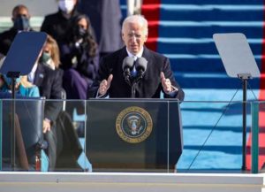 WASHINGTON, DC - JANUARY 20: U.S. President Joe Biden delivers his inaugural address on the West Front of the U.S. Capitol on January 20, 2021 in Washington, DC. During today's inauguration ceremony Joe Biden becomes the 46th president of the United States. (Photo by Rob Carr/Getty Images)