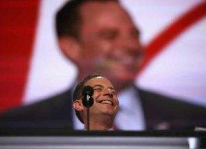 CLEVELAND, OH - JULY 17: Reince Priebus, chairman of the Republican National Committee, speaks during a microphone test at the Quicken Loans Arena a day before the start of the Republican National Convention on July 17, 2016 in Cleveland, Ohio. The convention is set to run from July 18-21. (Photo by John Moore/Getty Images)
