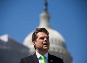 WASHINGTON, DC - APRIL 03: Rep. Matt Gaetz (R-FL) speaks during a news conference to announce the "Green Real Deal" on April 3, 2019 in Washington, DC. The "Green Real Deal" is a resolution intended to serve as a response to the "Green New Deal" promoted by Rep. Alexandria Ocasio-Cortez (D-NY) and Sen. Ed Markey (D-MA). The "Green New Deal" acknowledges climate change and says the government should promote innovation to prevent greenhouse gas emissions. (Photo by Zach Gibson/Getty Images)