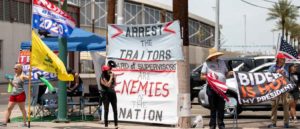 PHOENIX, AZ - MAY 01: Protestors in support of former President Donald Trump gather outside Veterans Memorial Coliseum where Ballots from the 2020 general election wait to be counted on May 1, 2021 in Phoenix, Arizona. The Maricopa County ballot recount comes after two election audits found no evidence of widespread fraud in Arizona. (Photo by Courtney Pedroza/Getty Images)