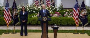 U.S. President Joe Biden, right, and U.S. Vice President Kamala Harris applaud after speaking in the Rose Garden of the White House in Washington, D.C., U.S., on Thursday, May 13, 2021. Fully vaccinated Americans can do away with wearing masks, the head of the U.S. Centers for Disease Control and Prevention said today, the most significant shift in federal guidelines since the start of the pandemic. Photographer: Tasos Katopodis/UPI/Bloomberg via Getty Images