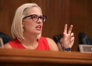 WASHINGTON, DC - MAY 14: Senate Aviation and Space Subcommittee ranking member Sen. Kyrsten Sinema questions witnesses during a hearing in the Dirksen Senate Office Building on Capitol Hill on May 14, 2019 in Washington, DC. In the wake of President Donald Trump's orders to create a military Space Force, NASA Administrator Jim Bridenstine testified about "The Emerging Space Environment: Operational, Technical, and Policy Challenges." (Photo by Chip Somodevilla/Getty Images)