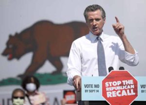 SAN LEANDRO, CALIFORNIA - SEPTEMBER 08: California Gov. Gavin Newsom speaks during a No on the Recall campaign event with U.S. Vice President Kamala Harris at IBEW-NECA Joint Apprenticeship Training Center on September 08, 2021 in San Leandro, California. With six days to go until the California recall election, Gov. Gavin Newsom was joined by U.S. Vice President Kamala Harris as he continues to campaign throughout the state. (Photo by Justin Sullivan/Getty Images)