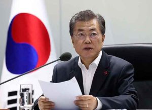 SEOUL, SOUTH KOREA - NOVEMBER 29: In this handout photo released by the South Korean Presidential Blue House, South Korean President Moon Jae-in speaks as he presides over a meeting of the National Security Council at the presidential Blue House on November 29, 2017 in Seoul, South Korea. In spite of US President Trump's warnings, North Korea fired an intercontinental ballistic missile early today for the first time in four months. The Pentagon has said that the missile had flown for about 1,000km (620 miles) before falling into the Sea of Japan. (Photo by South Korean Presidential Blue House via Getty Images)