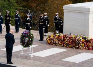 ARLINGTON, VA - NOVEMBER 11: US President Joe Biden pauses after placing a wreath during a centennial ceremony at the Tomb of the Unknown Soldier in Arlington National Cemetery on November 11, 2021, in Arlington, Virginia. The Tomb of the Unknown Soldier, serving as the heart of Arlington National Cemetery, has been the final resting place for one of America's unidentified World War I service members, and unidentified soldiers from later wars were added in 1958 and 1984. The tomb plaza is open to the public this week for the first time in almost a hundred years. (Photo by Alex Brandon-Pool/Getty Images)