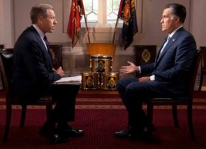 Brian Williams interviews Mitt Romney in 2012 (Image: NBC)