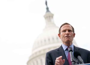 WASHINGTON, DC - APRIL 29: U.S. Sen. Richard Blumenthal (D-CT) speaks during a news conference outside the U.S. Capitol on April 29, 2021 in Washington, DC. A bipartisan group of Senators gathered in support of the Military Justice Improvement and Increasing Prevention Act, which would move the decision to prosecute a member of the military from the chain of command to independent, trained, professional military prosecutors. (Photo by Stefani Reynolds/Getty Images)
