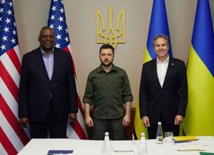 KYIV, UKRAINE - APRIL 24: In this handout photo from the Ukrainian Presidential Press Office, Ukrainian President Volodymyr Zelensky (C) meets with a delegation including U.S. Secretary of State Antony Blinken (R) and U.S. Defense Secretary Lloyd Austin on April 24, 2022 in Kyiv, Ukraine. The meeting represented the first visit to Kyiv by senior U.S. government officials since the start of the war. (Photo by Ukrainian Presidential Press Office via Getty Images)