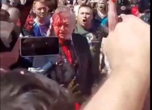 Russian ambassador to Poland Sergei Andreev hit with red paint (Image: Twitter)