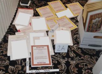 Mar-a-Lago raid revealed secret files thrown on the floor of Trump's office (Image: DOJ)