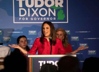 GRAND RAPIDS, MI - AUGUST 02: Michigan Republican gubernatorial candidate Tudor Dixon speaks at her primary election night party after winning the nomination at the Amway Grand Plaza on August 2, 2022 in Grand Rapids, Michigan. Dixon, a conservative commentator, recently received former President Donald Trump's endorsement. (Photo by Bill Pugliano/Getty Images)