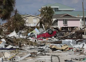 FORT MYERS BEACH, FLORIDA - OCTOBER 04: Destruction left behind in the wake of Hurricane Ian is shown October 04, 2022 in Fort Myers Beach, Florida. Southwest Florida suffered severe damage during the Category 4 hurricane which caused extensive damage to communities along the state's coast. (Photo by Win McNamee/Getty Images)