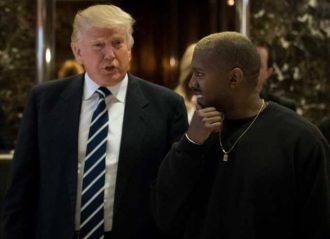 Kanye West Announces 2024 Presidential Campaign, Asks Trump To Be His V.P. Full view NEW YORK, NY - DECEMBER 13: (L to R) President-elect Donald Trump and Kanye West stand together in the lobby at Trump Tower, December 13, 2016 in New York City. President-elect Donald Trump and his transition team are in the process of filling cabinet and other high level positions for the new administration. (Photo by Drew Angerer/Getty Images)