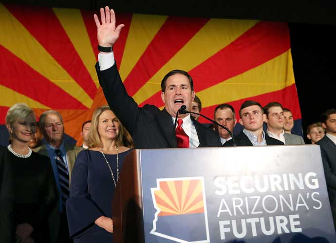 SCOTTSDALE, AZ - NOVEMBER 06: Republican Gov. Doug Ducey celebrates his victory at an election night event for Arizona GOP candidates on November 6, 2018 in Scottsdale, Arizona. Ducey defeated Democratic challenger David Garcia. (Photo by Ralph Freso/Getty Images)