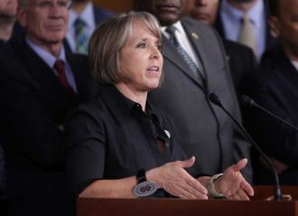 WASHINGTON, DC - MAY 01: Congressional Hispanic Caucus Chair Rep. Michelle Lujan Grisham (D-NM) (C) is joined by dozens of Democratic members of the House of Representatives to mark what they call 'Immigrant Rights Day' in the Visitors Center in the U.S. Capitol May 1, 2017 in Washington, DC. The Democratic legislators called on Republicans and President Donald Trump to join them pushing for comprehensive immigration reform. (Photo by Chip Somodevilla/Getty Images)