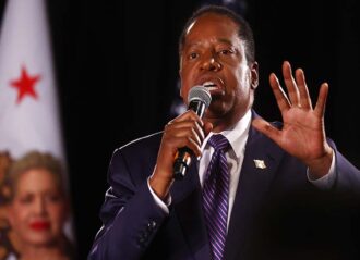 COSTA MESA, CALIFORNIA - SEPTEMBER 14: Gubernatorial recall candidate Larry Elder speaks to supporters at an election night event on September 14, 2021 in Costa Mesa, California. Californians headed to the polls today to cast their ballots in the California recall election of Gov. Gavin Newsom. (Photo by Mario Tama/Getty Images)
