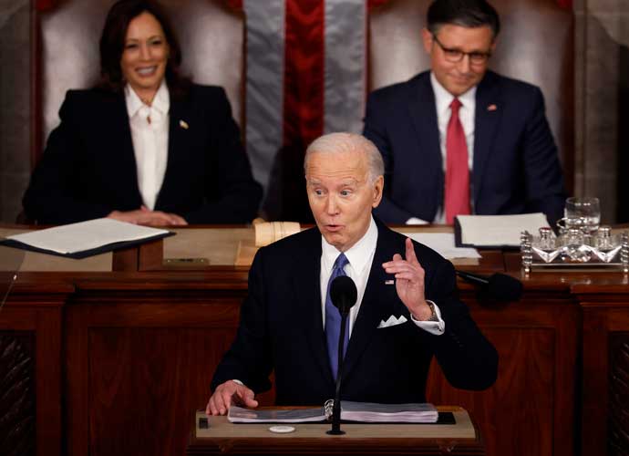 WASHINGTON, DC - MARCH 07: WASHINGTON, DC - MARCH 07: U.S. President Joe Biden delivers the State of the Union address during a joint meeting of Congress in the House chamber at the U.S. Capitol on March 07, 2024 in Washington, DC. This is Biden’s last State of the Union address before the general election this coming November. Biden was joined by Vice President Kamala Harris and Speaker of the House Mike Johnson (R-LA). (Photo by Chip Somodevilla/Getty Images)