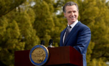 SACRAMENTO, CA - JANUARY 06: Gov. Gavin Newsom gives the inaugural address after taking the oath of office being sworn in by Chief Justice Patricia Guerrero, at his inauguration ceremony at the Capitol Mall on Friday, Jan. 6, 2023 in Sacramento, CA. Gov. Gavin Newsom celebrated the start of his second term Friday on the second anniversary of the attack on the U.S. Capitol. The Inauguration of Governor Gavin Newsom, Fortieth Governor of the State of California. Swearing-in Ceremony and Inaugural Address inauguration. (Gary Coronado / Los Angeles Times via Getty Images)