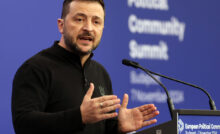 BUDAPEST, HUNGARY - NOVEMBER 7: President of Ukraine, Volodymyr Zelenskyy speaks during a press conference at the European Political Community summit at Puskas Arena on November 7, 2024 in Budapest, Hungary. This is the fifth meeting of the EPC, which was created in 2022 and brings together leaders from the 27 European Union countries and 20 others. (Photo by Janos Kummer/Getty Images)