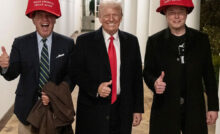Tucker Carlson, Donald Trump & Elon Musk at the White House wearing oversized MAGA hats (Image: X)