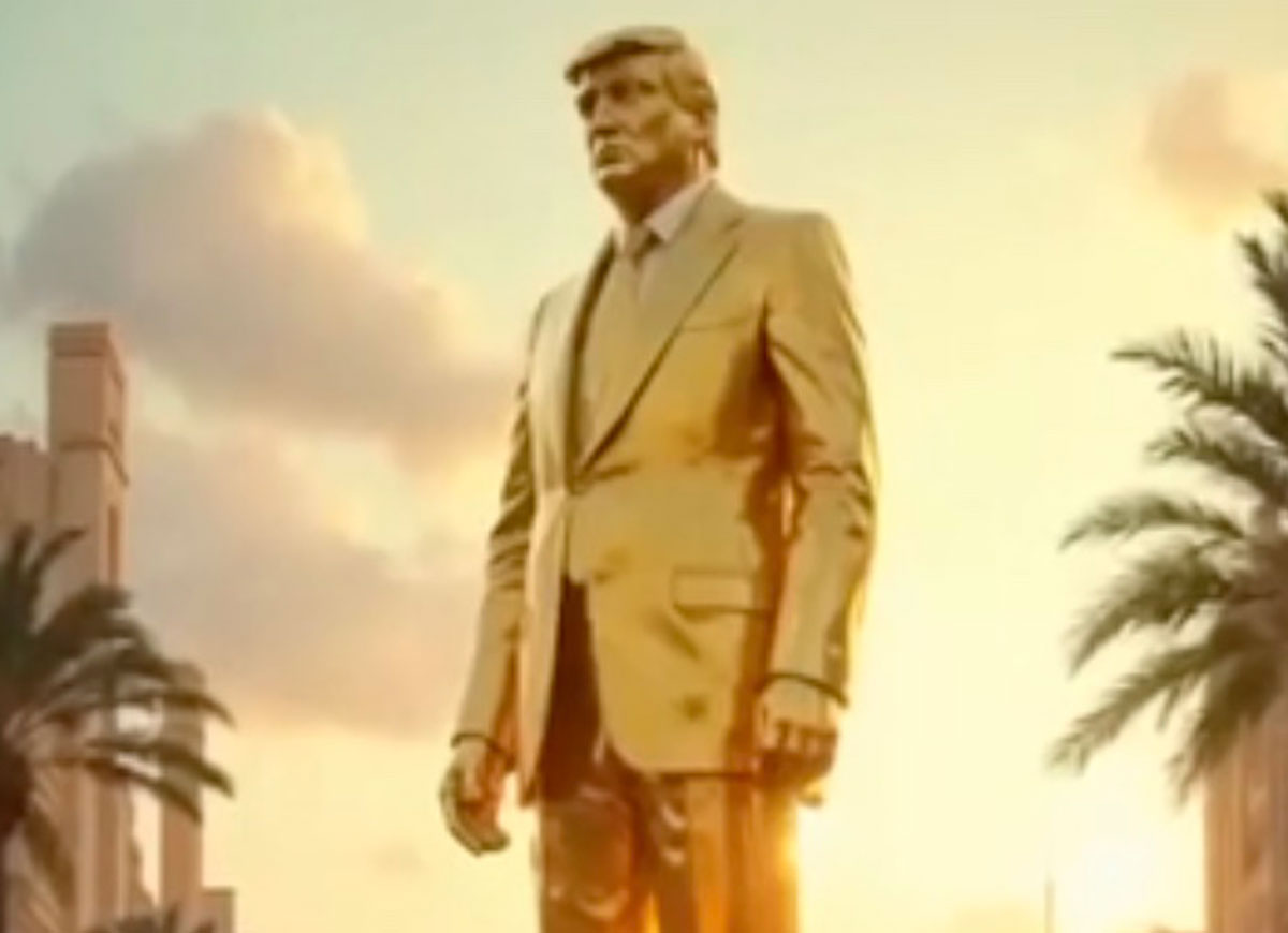 Trump Shares AI-Generated Video Depicting Vision Of Gaza As Trump Resort With Giant Golden Statue Of Himself Full view A gold statue of Trump appears in AI video of 'Trump Gaza' (Image: Truth Social)
